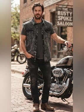 Milwaukee Leather | Men's Black Acid Wash Sleeveless Button-Down
